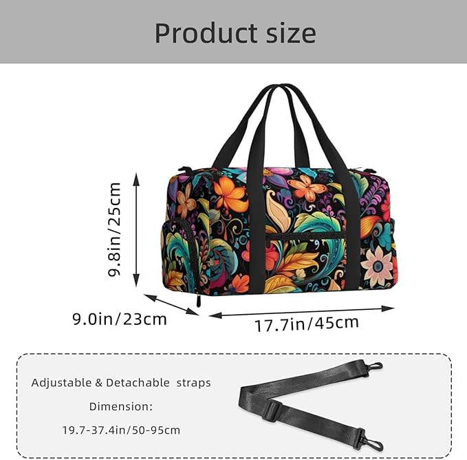 Sports Gym Bag Colorful Paisley Flower Floral Patten Travel Duffel Bag With Shoe Compartment Shoulder Strap, Lightweight Water-Resistant Weekend Overnight Totes For Women Men