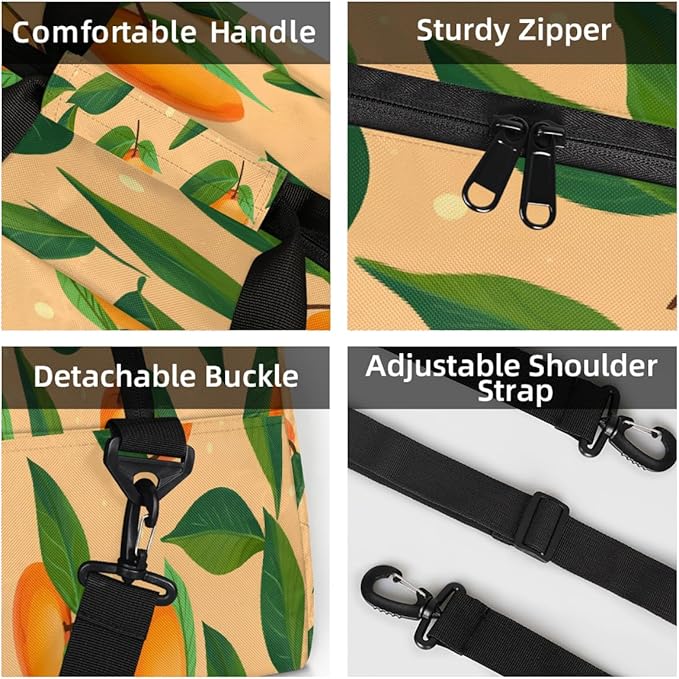 Gym Bag for Women Men, Orange Fruit Leaf Travel Duffle Bags for Dance Ballet Overnight, Carry-On Weekender Bag with Detachable Shoulder Strap