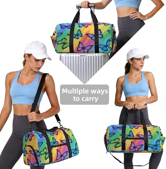 Sports Gym Bag Butterflies Rainbow Stripe Travel Duffel Bag With Shoe Compartment Shoulder Strap, Lightweight Water-Resistant Weekend Overnight Totes For Women Men