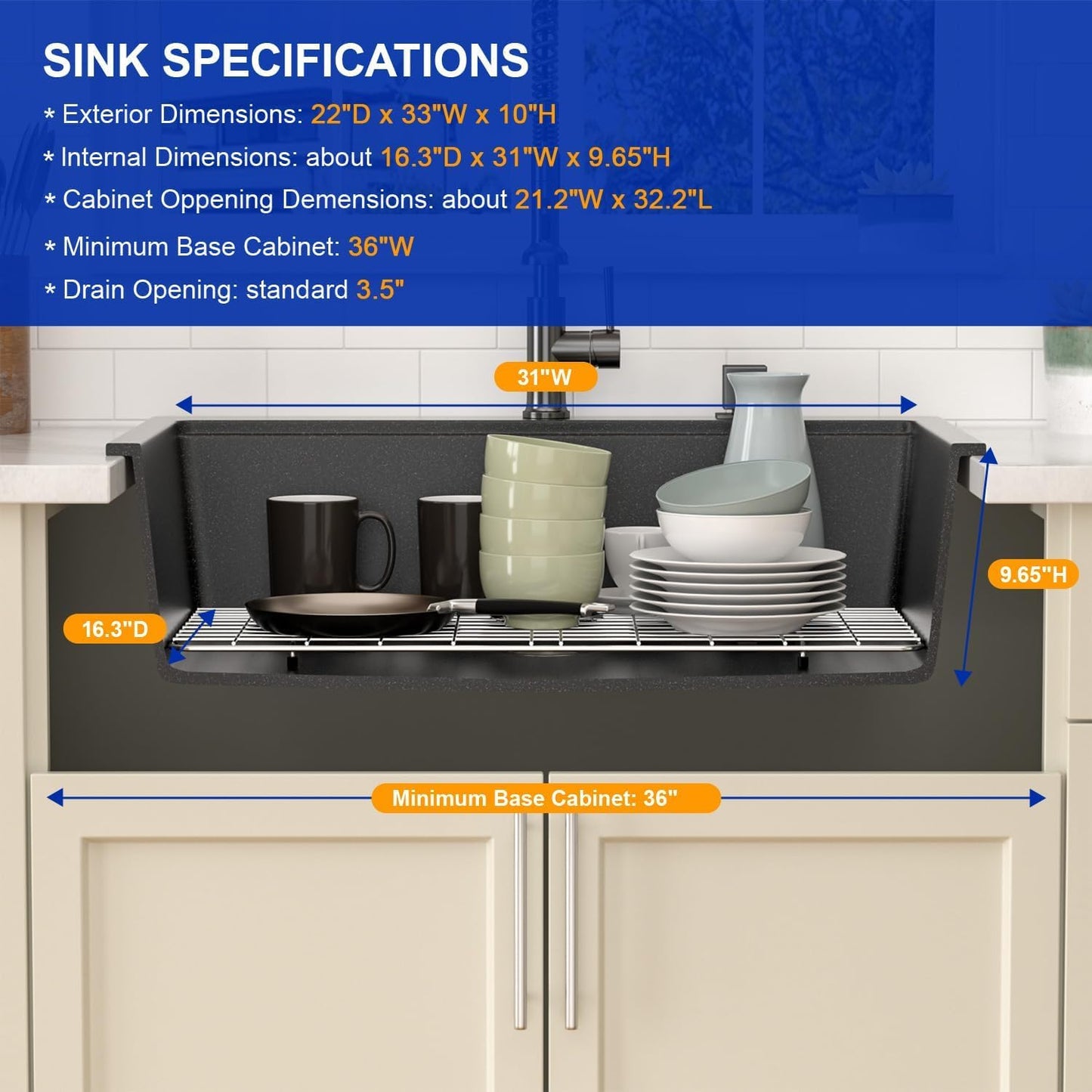 Dcolora 33x22 Drop In Kitchen Sink Black, Granite Composite Black Kitchen Sink Multifunctional Topmount Large Single Bowl Workstation Sinks #DC-0001GBT, 33" x 22" x 10"