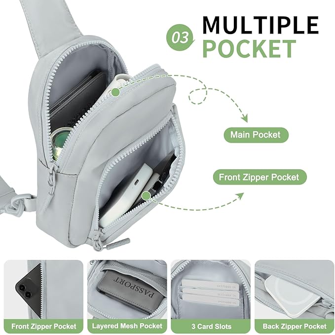 Mini Sling Bag for Men Women, Small Travel Fanny Packs Crossbody Anti Theft Reversible Nylon Chest Bag for Running Hiking (Light Grey)