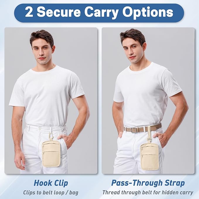 RFID Hidden Travel Wallet Belt Wallet – Large Capacity Passport Holder & Hidden Money Pouch, 3-Zone Organizer Anti-Theft Waist Wallet with Dual Clip Belt & Carabiner