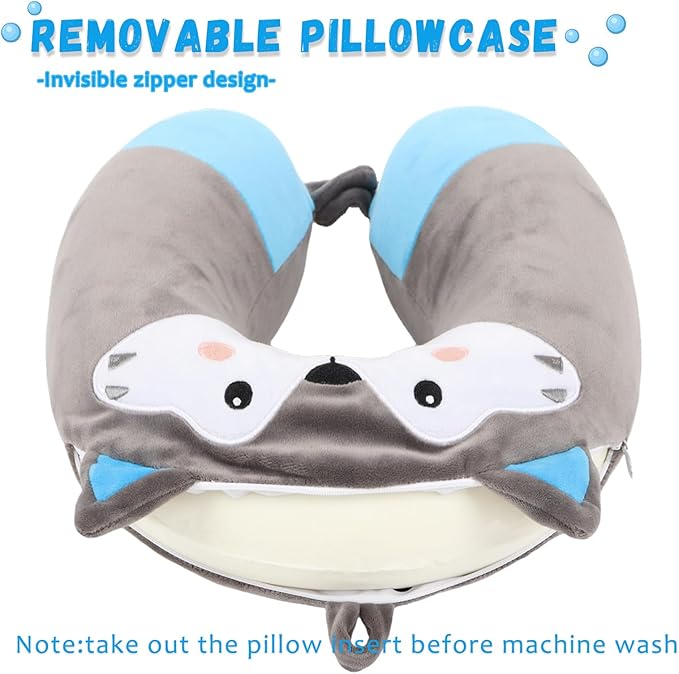 Travel Pillow, Kids Travel Pillow with Sleep Eye Mask Soft Memory Foam Kids Neck Pillow for Boys & Girls, Travel Accessories for Car Airplane Traveling - Wolf