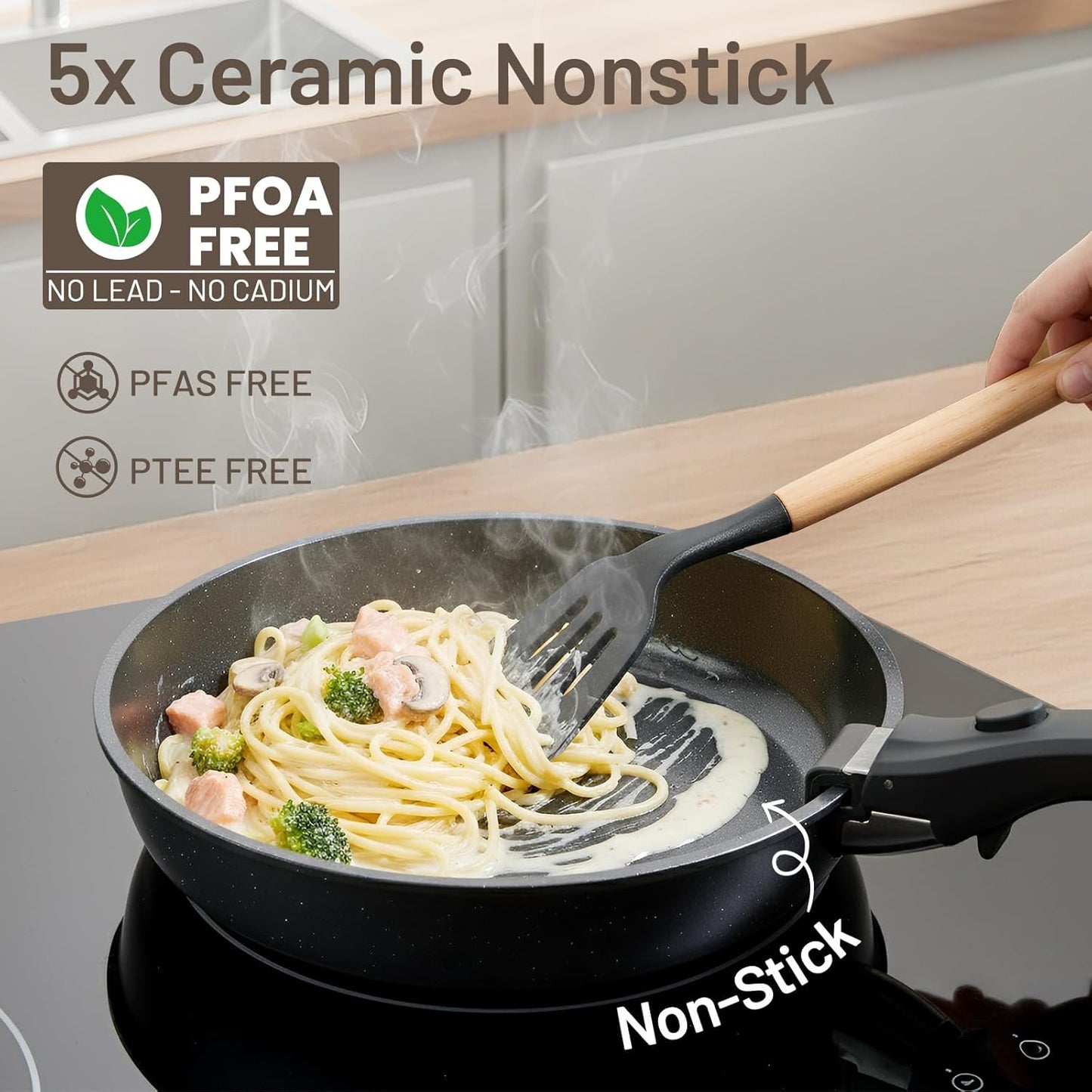 KIKCOIN Ceramic Nonstick Pots and Pans Set - Cookware Set with Detachable Handle - 25 Pack Stackable Cooking Set for RV Kitchen, with Frying Pans, Steamer - Induction/Dishwasher/Oven Safe, PFOA Free