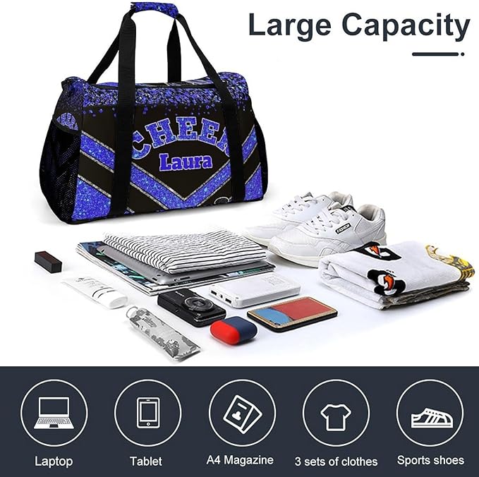 Personalized Cheer Bag Gifts for Girls Sport Cheerleading Gym Travel Duffel Bag Overnight Weekender Bags with Name (Klein Blue)
