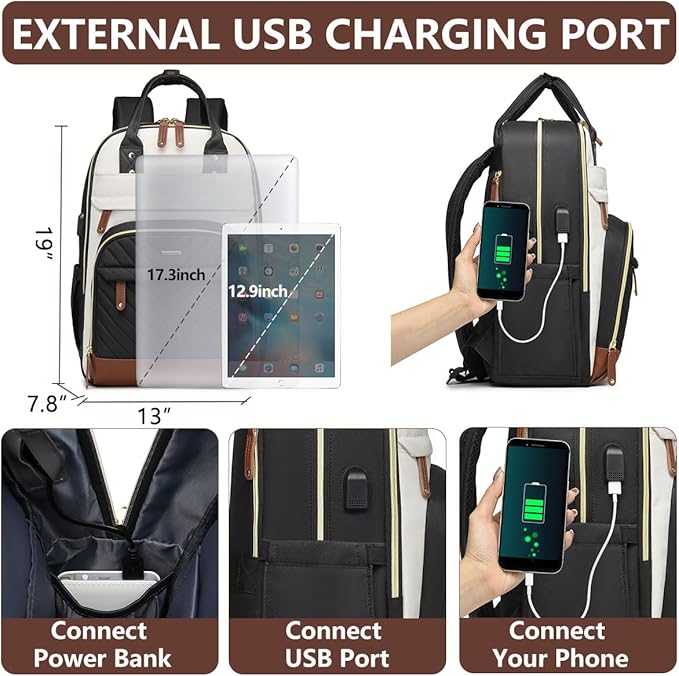 Laptop Backpack for Women College Bookbag - 17.3 Inch Fashion Travel Work Bag with USB Charger Anti-theft Business Backpacks for Nurse Teacher Beige Black Brown