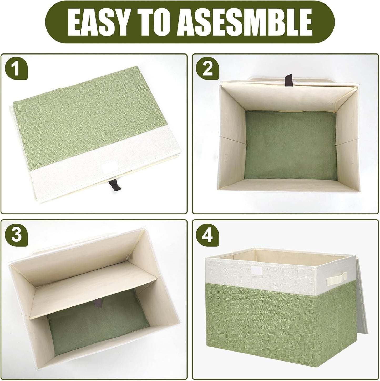 Large 17" 42 Quarts Collapsible Stackable Storage Bins with Lids [3-Pack] Foldable Fabric Linen Storage Boxes Cube, Closet Organizer Baskets with Label for Home (16.7 x 12 x 12", Green & White)