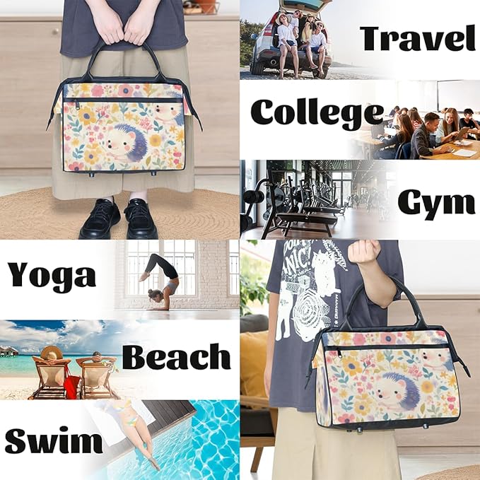 Hedgehog Flowers Overnight Weekender Bag for Women Men Travel Duffel Bags Waterproof Luggage Carry on Sports Yoga Gym Bag