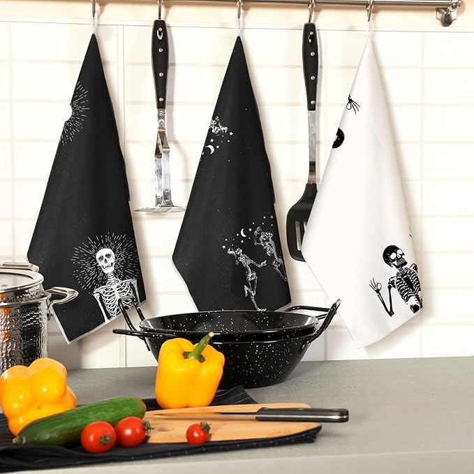Bencailor 6 Pcs Skull Kitchen Towels Skeleton Dish Hand Towels Black White Gothic Spooky Skull Tea Washcloth for Bathroom Kitchen Goth Horror Decor Gifts 24 x 16''