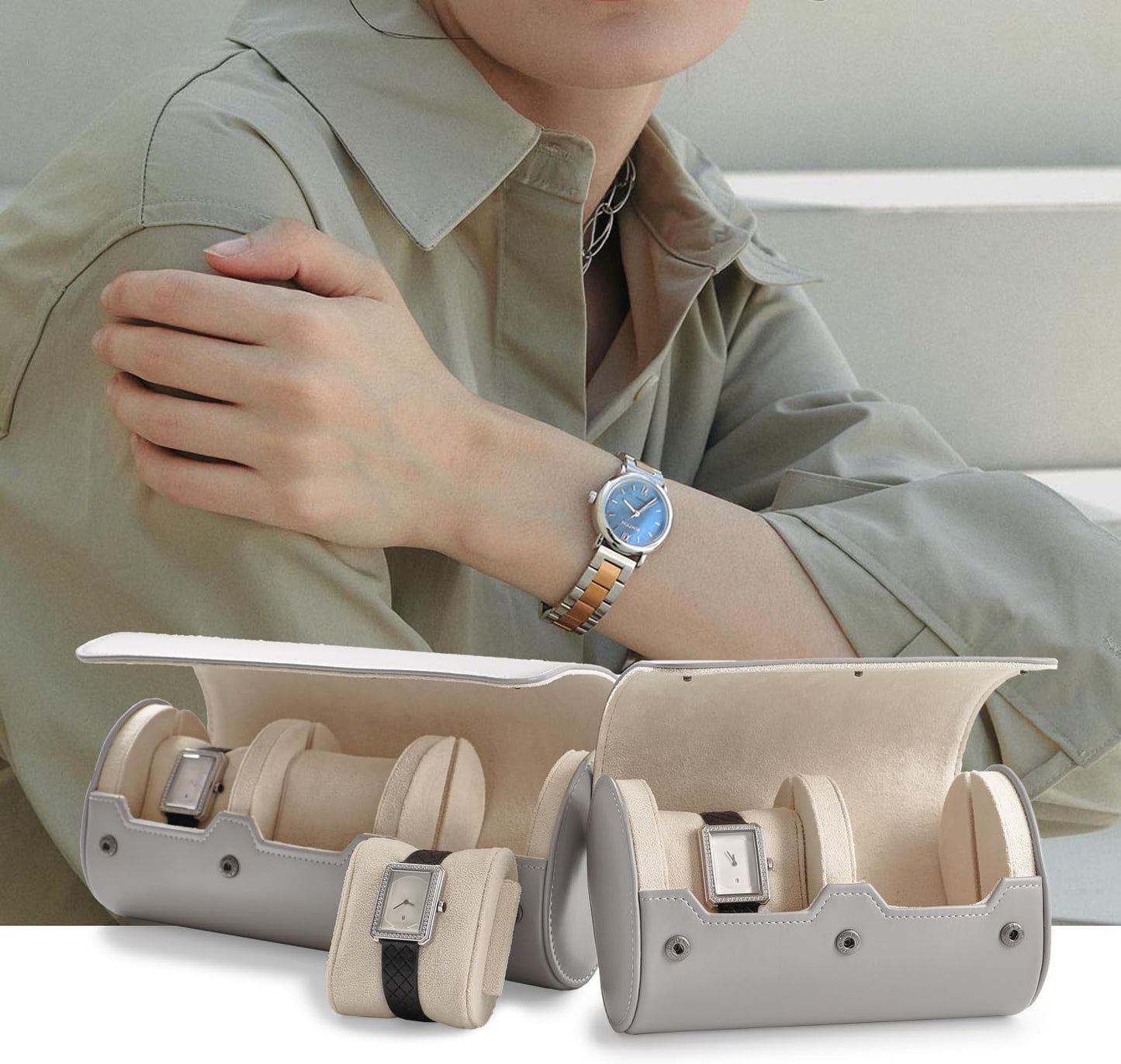 Oirlv Luxury Leather Watch Organizer Case Watch Box for Mens Jewelry Gift Box for Birthday Fathers Day Anniversary(3 slots, Grey)