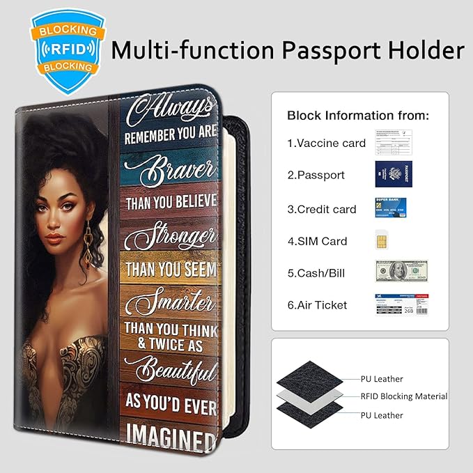 Passport Holder Women Wallet with Luggage Tag, Leather Passport Cover with RFID Blocking, Travel Accessories Multi Card Slot Passport Case for Men，African Girls Inspirational Quotes