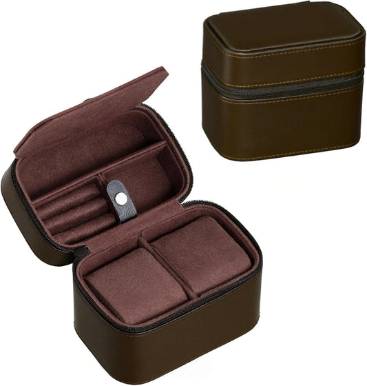 CONBOLA 2 Watch Travel Case for Men with Accessory Compartment,Compact Watch Box for Men Jewelry Case with Microsuede Interior,PU Leather Protect Fits Watches & Smartwatches Up to 55mm. (Brown)