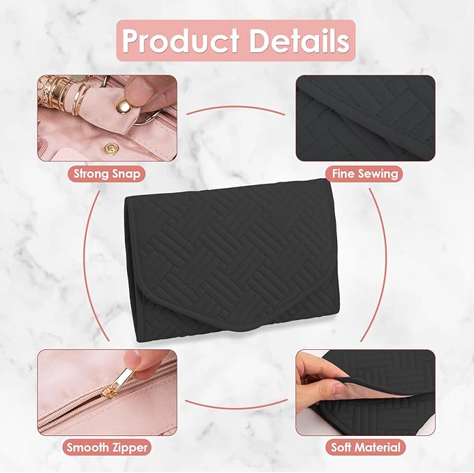 Travel Jewelry Roll Organizer Bag Foldable and Anti-Lost Jewelry Holder Storage for Rings, Necklaces, Bracelets, Earrings and Accessories, Small Black