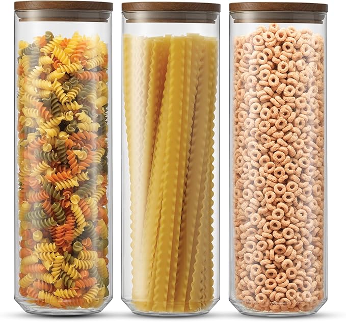 JoyJolt Holden 72oz Stackable Glass Storage Containers with Lids, Large Kitchen Food Storage Canisters with Acacia Wood Lids, Airtight Canister Set of 3 for Pasta Sugar Flour, Pantry Organization