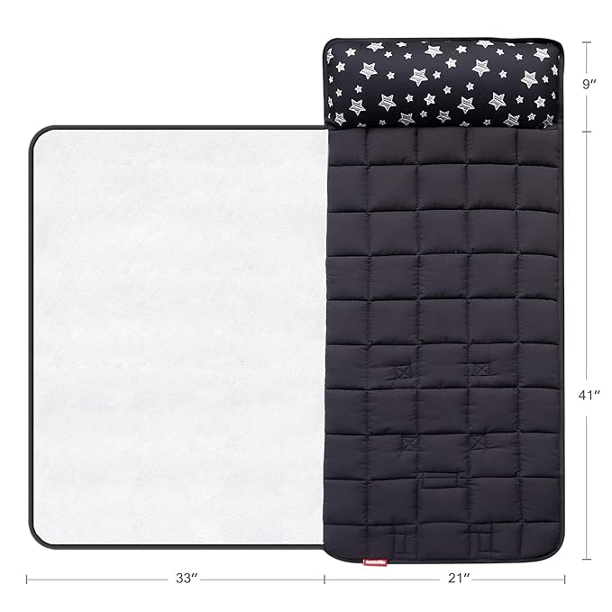 Toddler Sleeping Bag Nap Mat Black with Fleece Blanket, Lightweight, Soft Perfect for Toddlers Preschool, Daycare, Travel Sleeping Bag Boys Girls, 21" x 50" Fit Standard Cot
