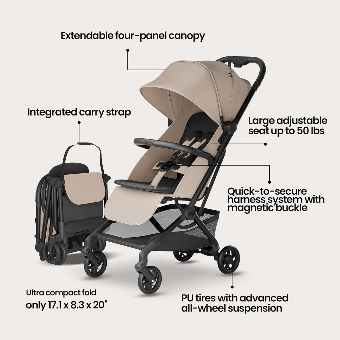 Mompush Velo Lightweight Travel Stroller – One-Hand Fold, Ultra-Compact & Airplane Friendly, Lie-Flat Recline Seat (from Birth to 50 lbs), Includes Cup Holder, Shoulder Strap, and Leather Bumper Bar