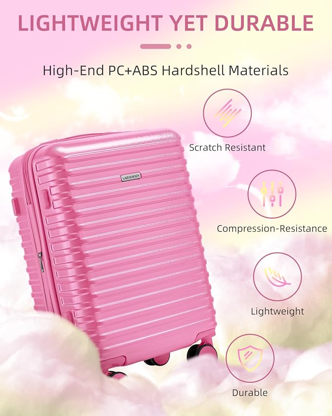 LARVENDER Carry on Luggage 22x14x9 Airline Approved, 20 Inch Hardside Suitcase with Wheels TSA Lock, PC+ABS Lightweight Carry on Suitcases for Women and Men, Berry (20/DB/TB)