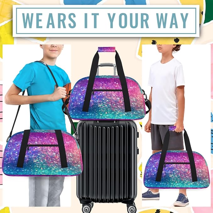 Gym Bag for Women Men, Pink And Blue Sequins Travel Duffle Bags for Dance Ballet Overnight, Carry-On Weekender Bag with Detachable Shoulder Strap