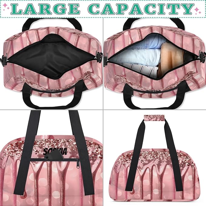 Custom Gym Bags for Girls with Name, Personalized Sports Dance Bag for Kids, Overnight Weekender Duffel Bags Workout Training, Travel Practice Gymnastics Bag，Pink Glitter Fluid