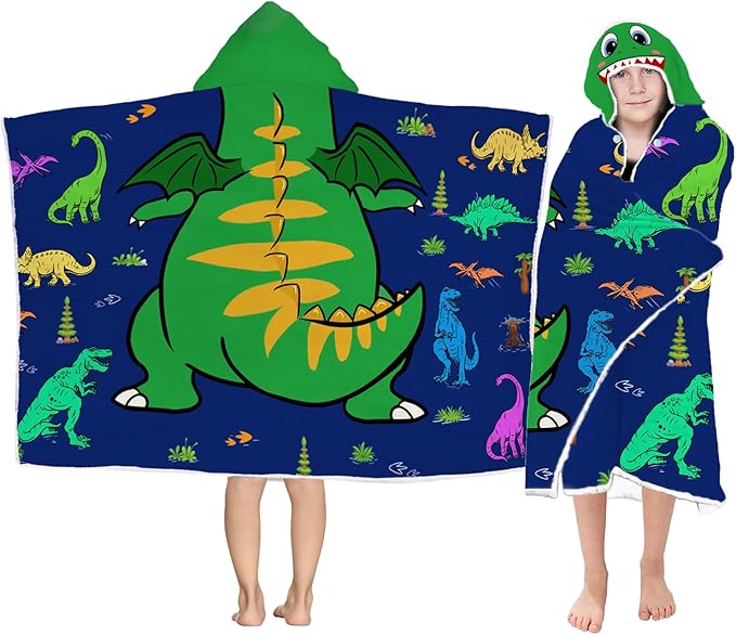 Dinosaur Hooded Beach Towel for Boys, Soft & Absorbent T-Rex Dinosaur Poncho Towel, 30”x50” Green Blue Bathrobe for Kids Cool Cartoon, Quick Dry Swim, Pool, and Bath Time