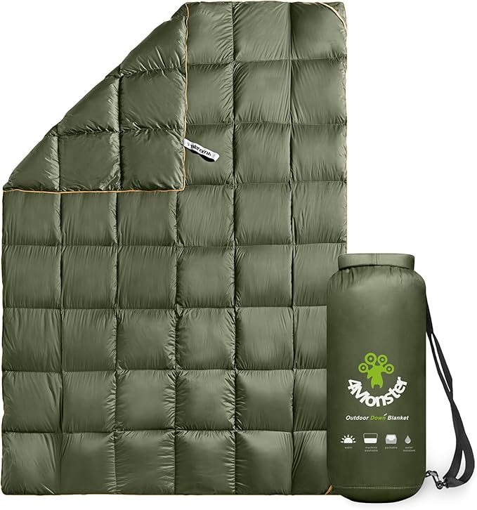 4Monster Down Camping Blanket - Outdoor Travel Quilt Puffy 650 Fill, Packable, Lightweight,Wind & Waterproof | Ideal for Stadium, Backpacking,Picnics, Beach and Hiking