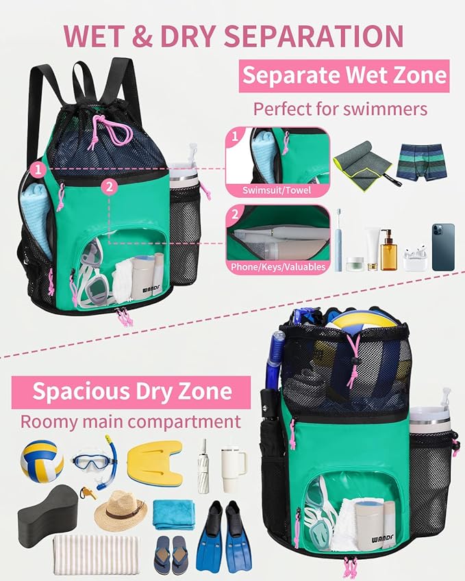 WANDF Swim Bag with Wet Pockets, Sandproof Beach Backpack with 40oz Tumbler Side Pockets, Mesh Drawstring Backpack Swim Bag for Swimming, Pool, Gym and Workout Gear (Green)