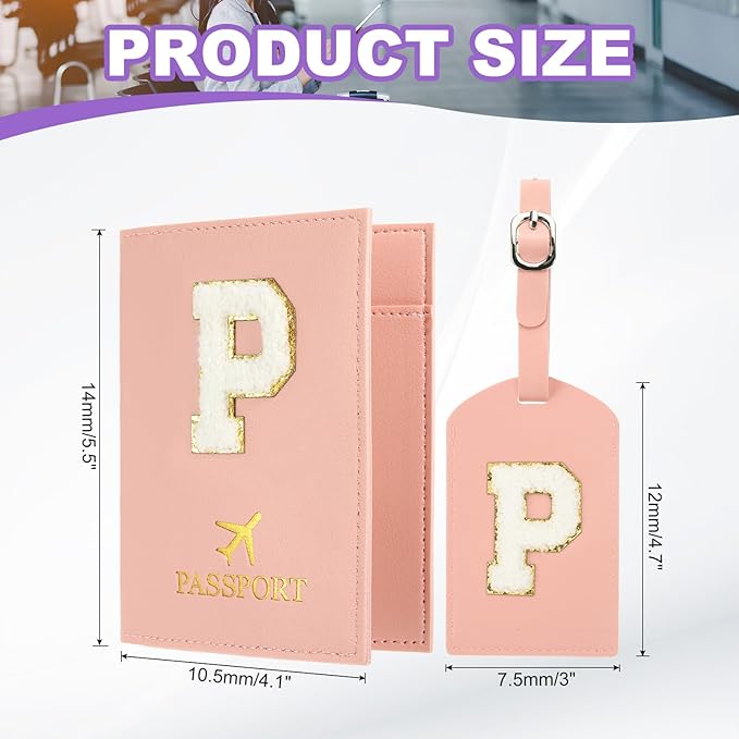 PATIKIL Passport Holder for Travel, Initial Passport Cover and Luggage Tag Set with Alphabet Chenille Letter Patch Travel Wallet Bag Suitcase Identifier for Women Family Travel Pink P