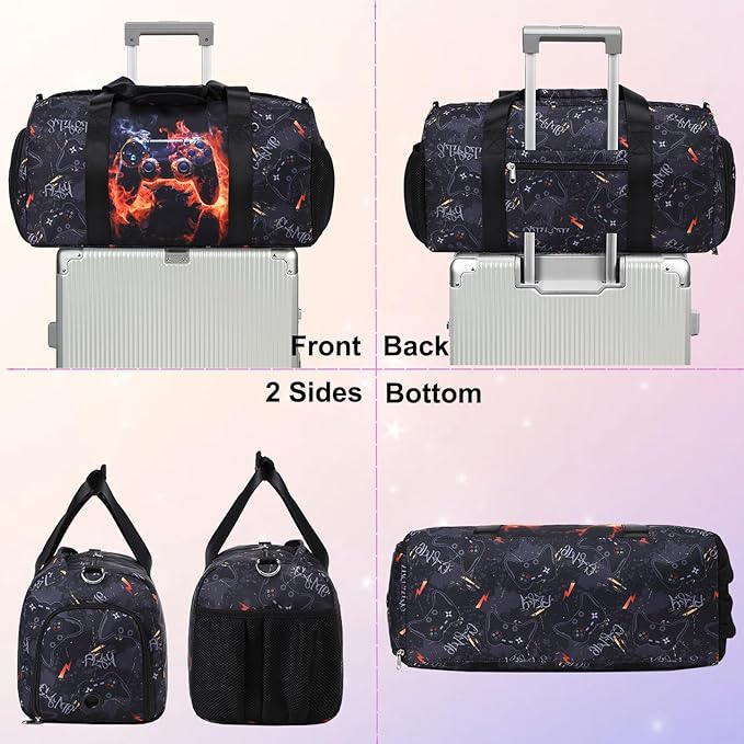Kids Duffle Bag For Boys Overnight Travel Bag Sport Gym Bag With Shoes Compartment Dry And Wet Pocket Carry On Weekender Bag (Red Flame Game)