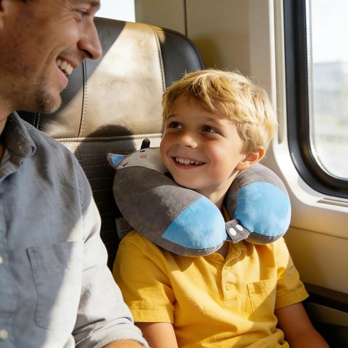 Travel Pillow, Kids Travel Pillow with Sleep Eye Mask Soft Memory Foam Kids Neck Pillow for Boys & Girls, Travel Accessories for Car Airplane Traveling - Wolf