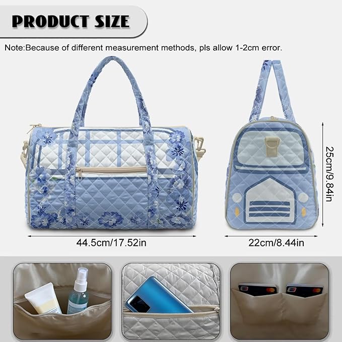 COEQINE Quilted Tote Bag Large Car Duffel Bag Women Travel Blue White Floral Camping Car Gym Bag for Womens for Overnight, Weekend, Yoga