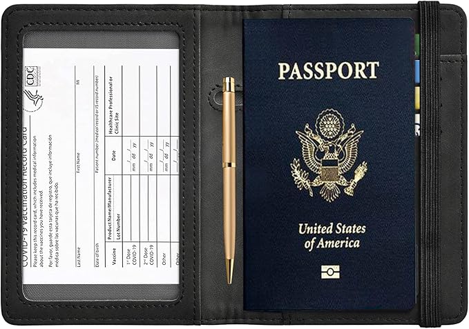 HerriaT Passport and Vaccine Card Holder Combo,Cover Case with CDC Vaccination Card Slot, Leather Travel Documents Organizer Protector, with RFID Blocking, for Women and Men