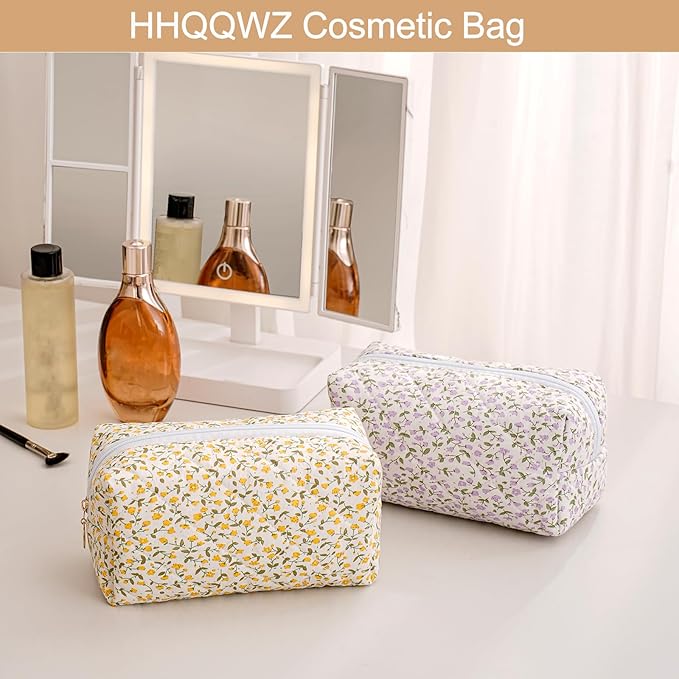Makeup Bag Travel Cosmetic Bag for Women Girls, Zipper Make Up Pouch, Floral Flowers Toiletry Organizer Makeup, Portable Storage Cosmetic Travel Cloth Bag (Yellow Floral)