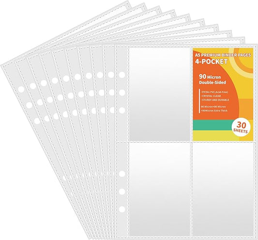 30pcs Pocket Sleeves for A5 6 Ring Binder, 4-Pocket Double-Sided Sheets Inserts Refill Pages for Kpop Photo Cards, Savings Challenges, Sticker Collecting Album Binder (90 Micron Thickness per Layer)
