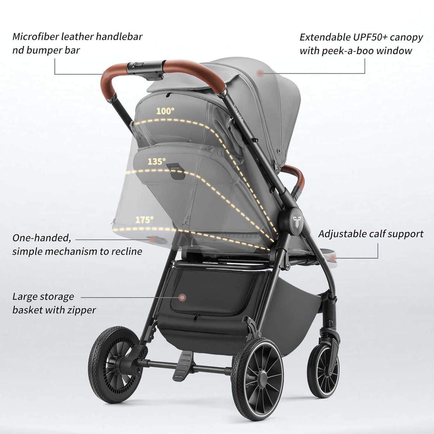 Tinyiota Baby Stroller, Infant Stroller with Large UPF 50+ Canopy,Luxury Pram Strollers with Leather Handle & Spacious Seat, One-Hand Foldable Pushchair, Toddler Carriage with Lie-Flat Mode(Gray)