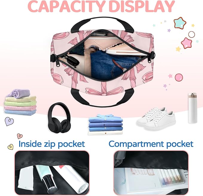 Bow Tie Overnight Travel Bag Unisex Pink Carry-On Size Tote Bag Suitable for Travel Duffle Gym Sports