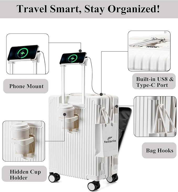 feilario 20in Hardside Spinner Wheel Luggage with Zipper Closure, Built-In TSA lock Carry on Suitcase, with Cup Holder & USB Port & Phone Holder White(with zipper closure, 20in)