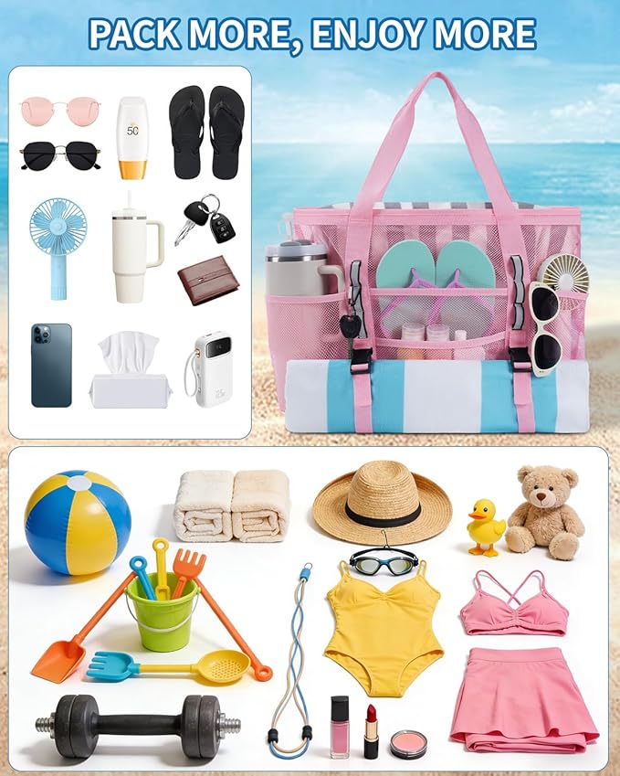 WANDF Mesh Beach Bag for Women, Large Beach Tote Bags with 40oz Tumbler Side Pockets, Family Pool Bag for Swim Toys Towels Cruise Vacation Essentials (Pink) | Breathable