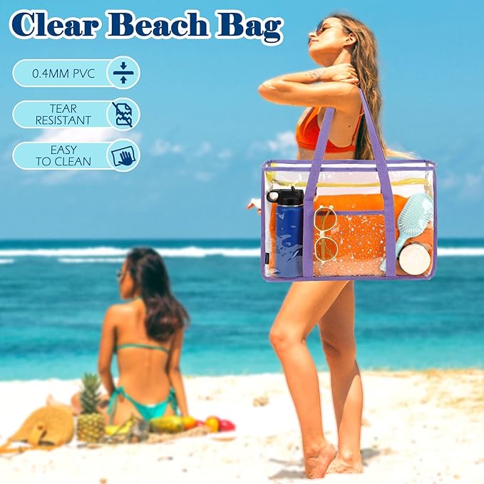 Clear Beach Bag for Women, Large Pool Tote Cruise Vacation Essentials - Zipper Closure, Waterproof, Sandproof
