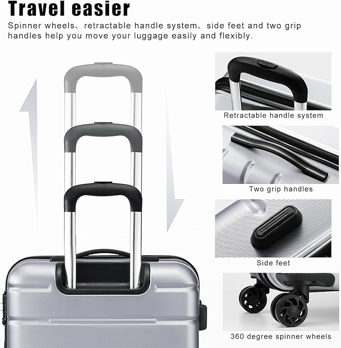 Coolife Luggage 3 Piece Set Suitcase Spinner ABS+PC Hardshell Lightweight TSA Lock USB Port, 20in 24in 28in Carry on Expandable (only 28’’), Silver