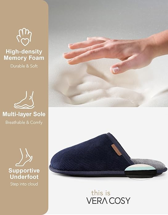 VeraCosy Men's Corduroy Scuff Slippers Soft Comfy Memory Foam Non-slip Indoor House Shoes