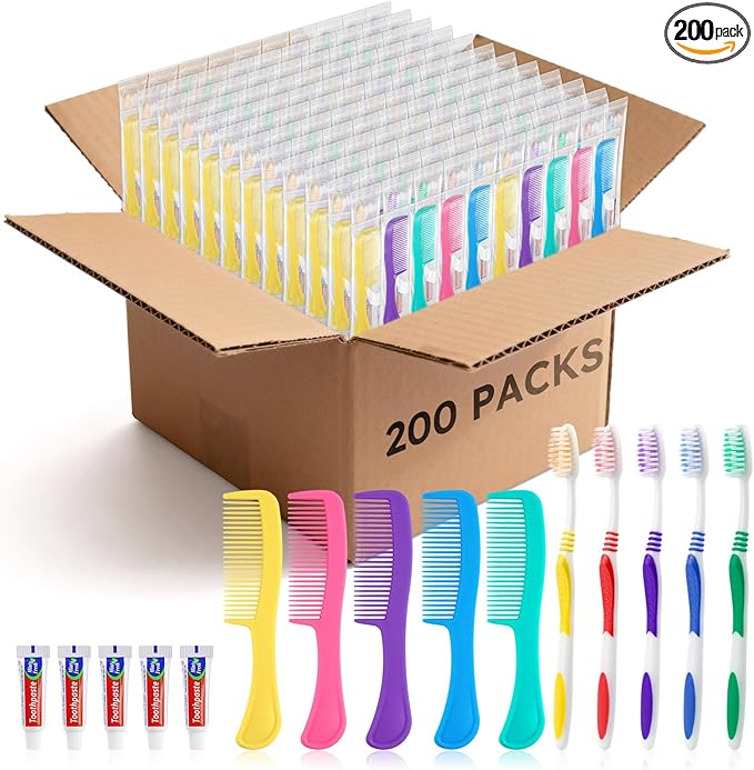 Disposable Toothbrushes with Toothpaste and Comb in Bulk, Individually Wrapped Soft Bristle Travel Size Basic Hygiene Kits, for Travel Hotel Camping Charity Homeless Shelter Donation in 5 colors (200)