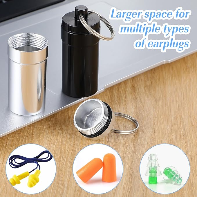 2Pcs Loops Ear Plug Case, Portable Metal Earplug Case Keychain, Travel Ear Plug Holder, Waterproof Loops Earbuds Storage Container for Outdoor Jewelry Pill Organizer (Black, Silver)