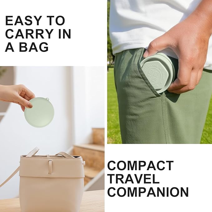 Collapsible Travel Cup with Lid (6oz/180ml) - BPA Free Silicone Folding Cup with Stainless Steel Rim - Portable Pocket Size Drinking Cup for Mouthwash, Pills, Hiking, Camping & Kids(Green)