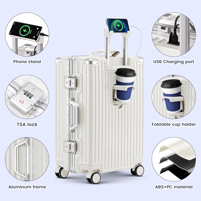 Zipperless Suitcase, 28 Inch Checked Luggage, Hardshell Aluminum Frame Polycarbonate Luggage with Phone Holder, Cup Holder, Charging Port, TSA Lock, Spinner Wheels for Vacations, White