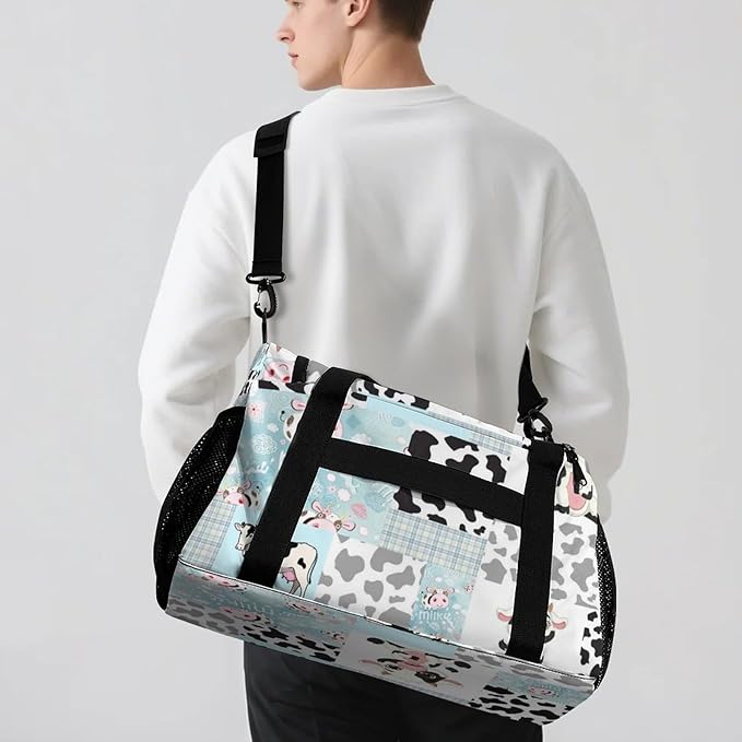 Gym Bags Blue Plaid Patchwork Cow Pattern Duffel Bag Adjustable Shoulder Strap Perform Training Travel Bag for Teens Adults Women Men Overnight Bag