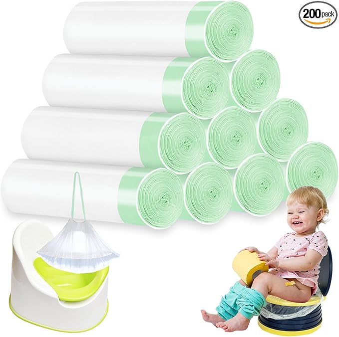 200 Pack Portable Potty Chair Liners with Drawstring,Disposable Training Toilet Seat Potty Bags for Kids Toddler Pet Outdoors(17.3x9.4 inch)