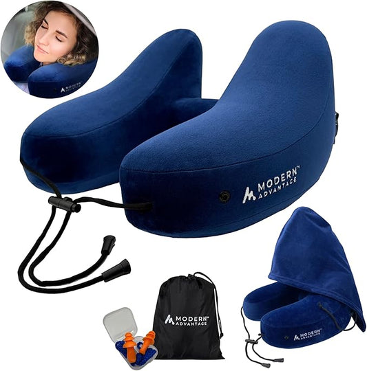 Modern Advantage Inflatable Travel Pillow for Airplanes with Comfort Hood, Adjustable Neck Support, Lightweight & Compact Flight Pillow for Sleeping on Long Flights & Travel (Blue)