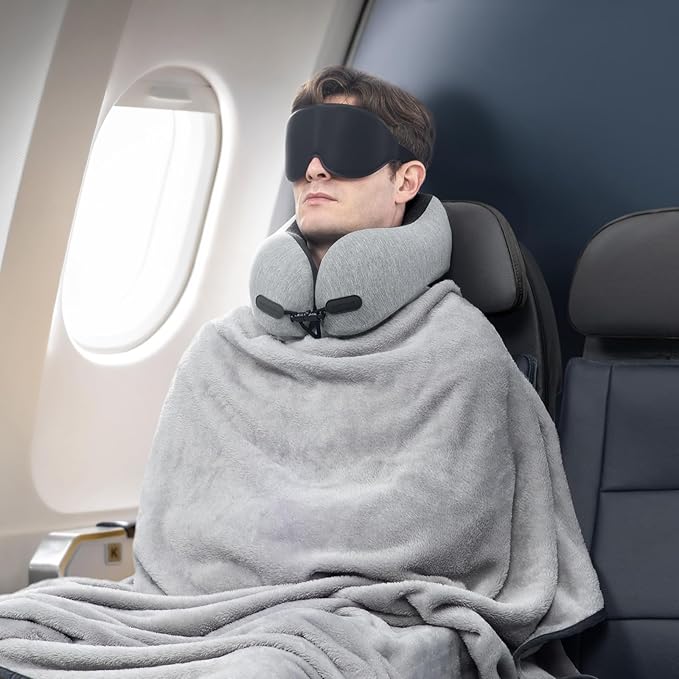 Neck Pillow and Blanket Set for Travel Memory Foam Design Models Pillows with Eye Mask and 50% More Storage Bag Traveling Essentials Plane Car Flight Rest Sleeping Use Adult, Pink