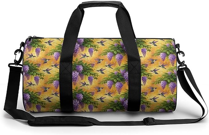 Lightweight Sports Travel Bag Purple Flowers And Hummingbird Beach Swim Bags Men Women Duffle Bag Foldable Overnight Bags