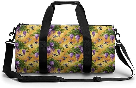 Lightweight Sports Travel Bag Purple Flowers And Hummingbird Beach Swim Bags Men Women Duffle Bag Foldable Overnight Bags